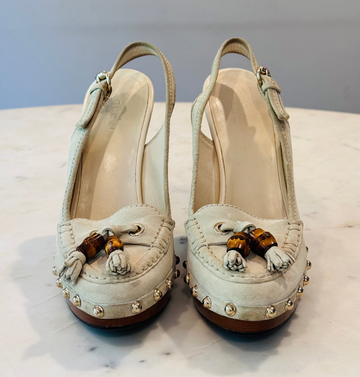 Vintage Gucci Beige Suede Bamboo Tassel Loafer Slingback Heels