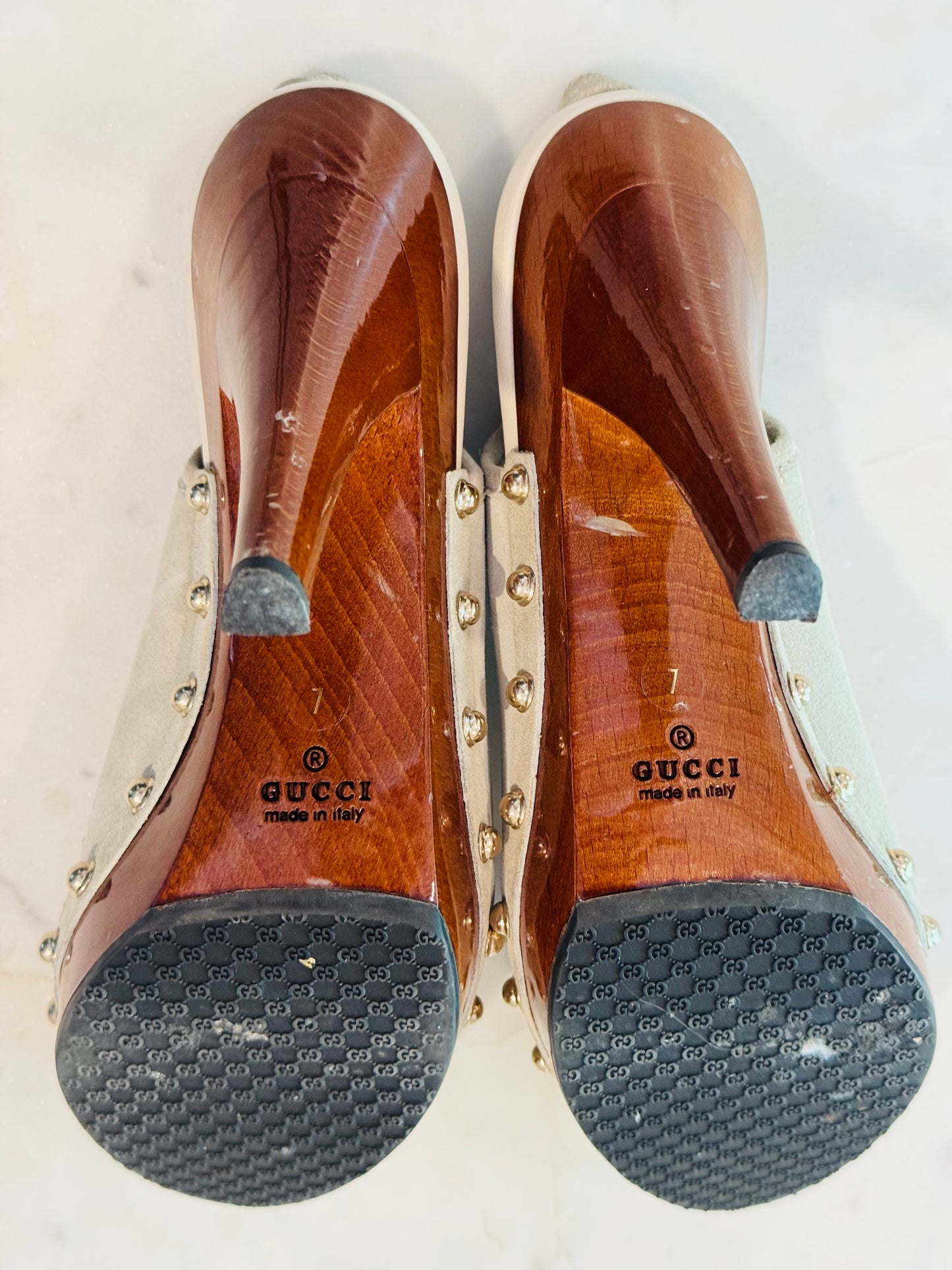 Vintage Gucci Beige Suede Bamboo Tassel Loafer Slingback Heels