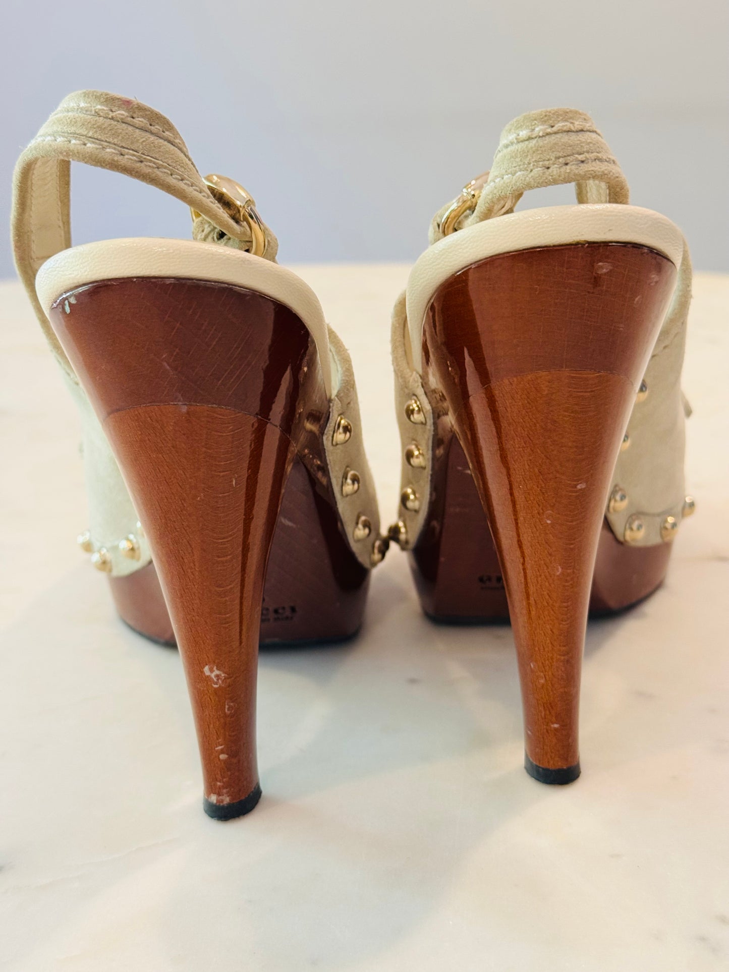 Vintage Gucci Beige Suede Bamboo Tassel Loafer Slingback Heels