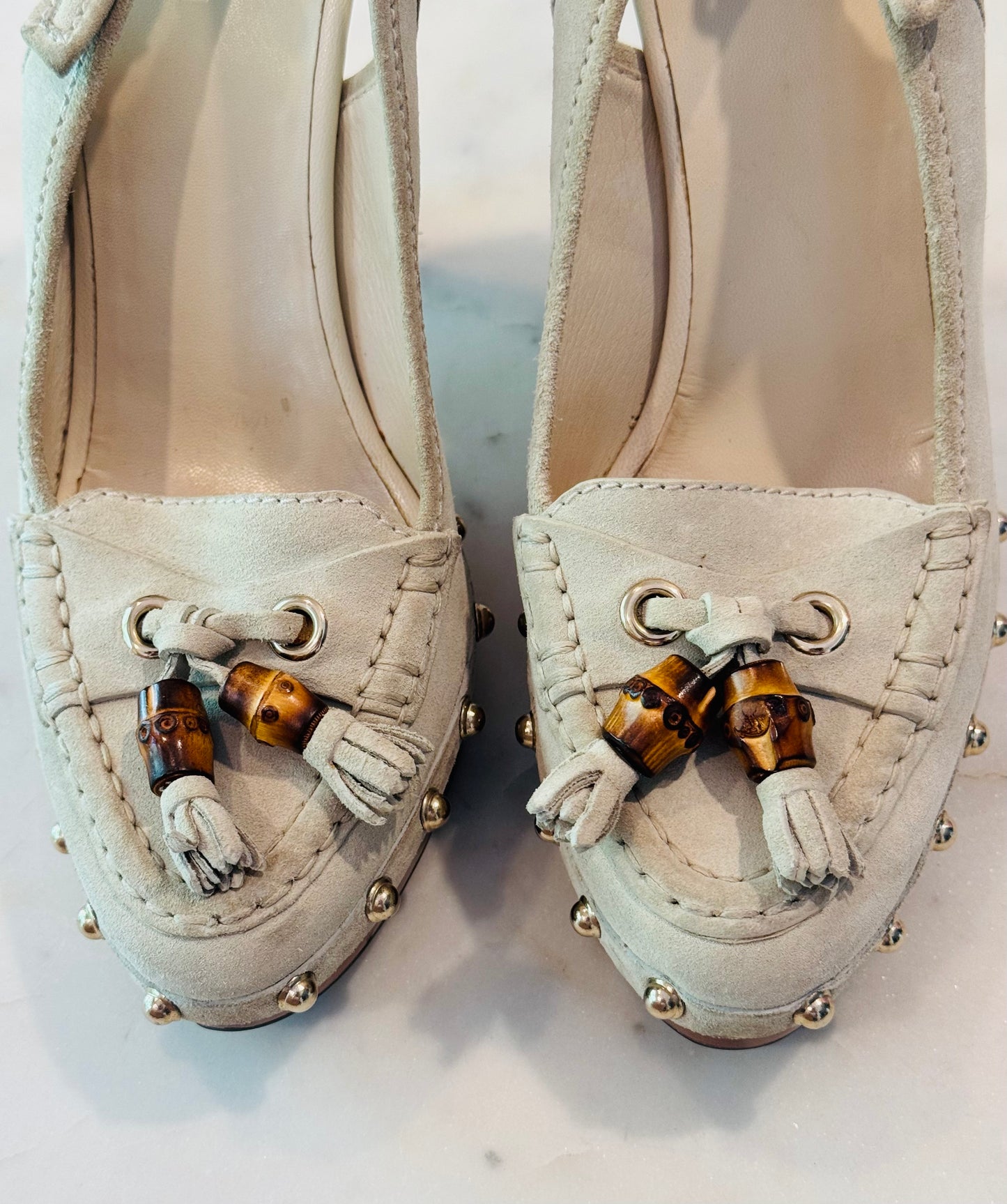 Vintage Gucci Beige Suede Bamboo Tassel Loafer Slingback Heels