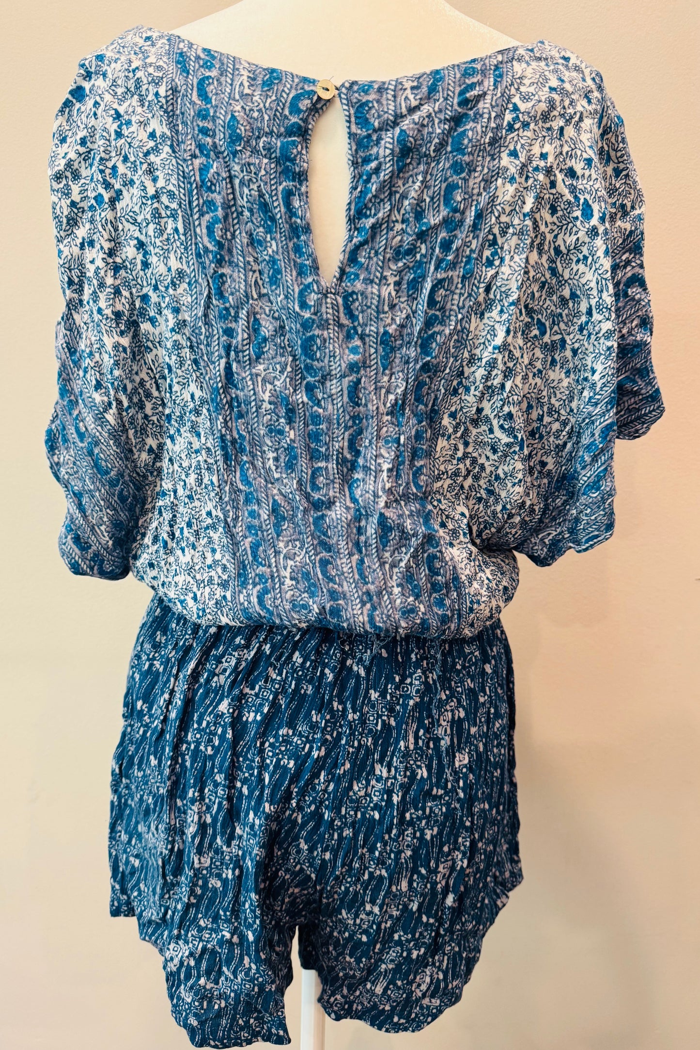 Free People Blue Printed Arizona Short Sleeve Romper
