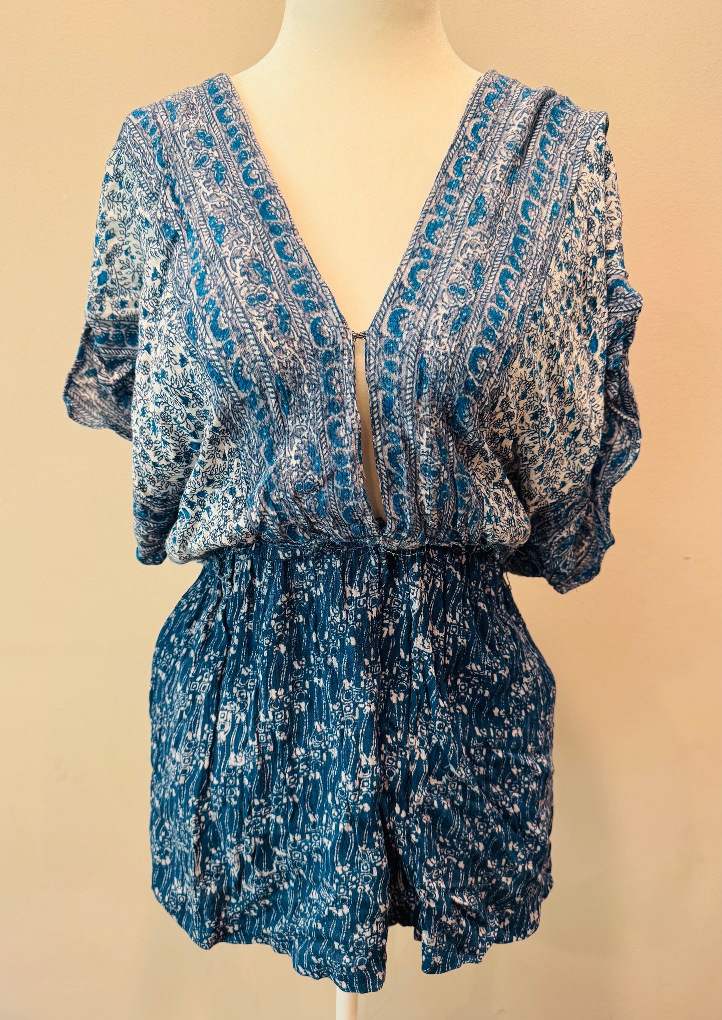 Free People Blue Printed Arizona Short Sleeve Romper
