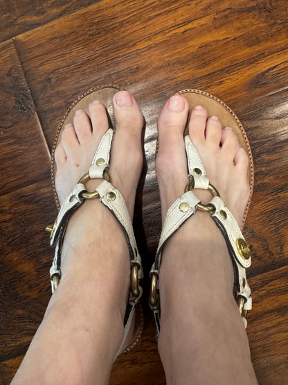 Vintage Coach White Leather Turnlock Thong Sandals