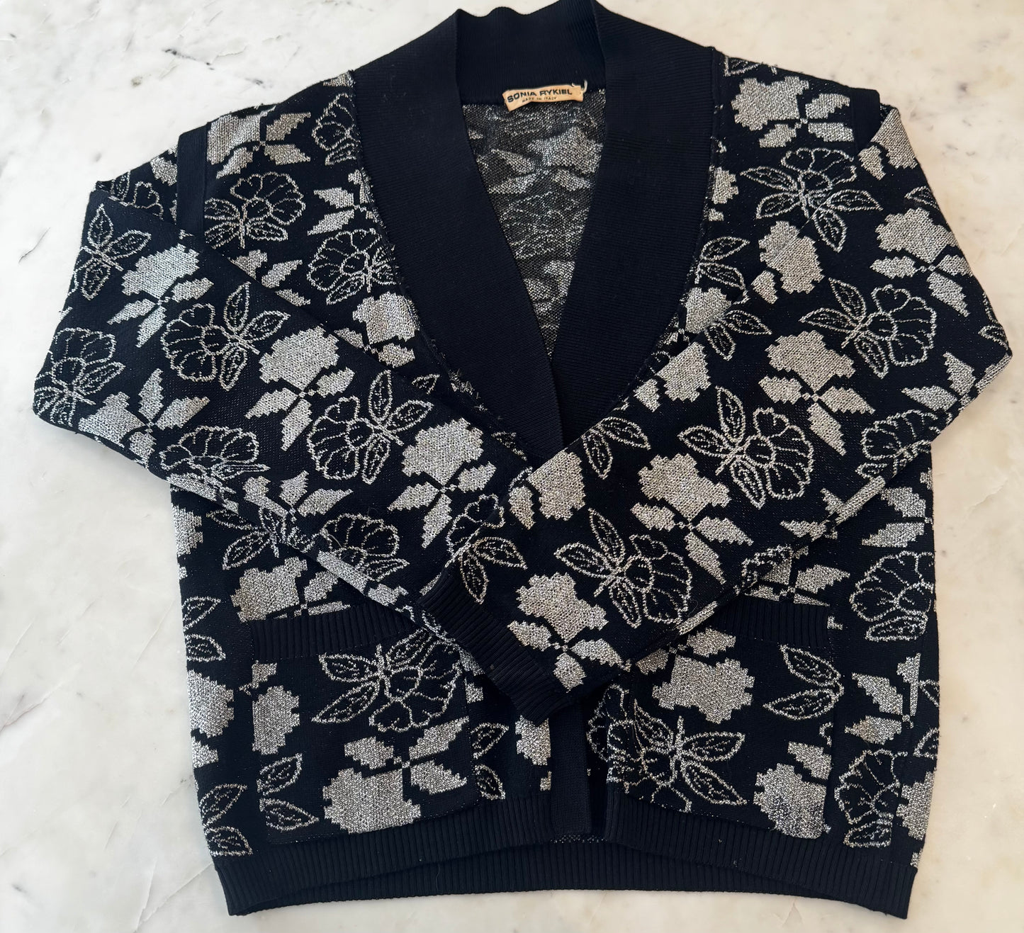 Vintage Sonia Rykiel Black Metallic Floral Cardigan