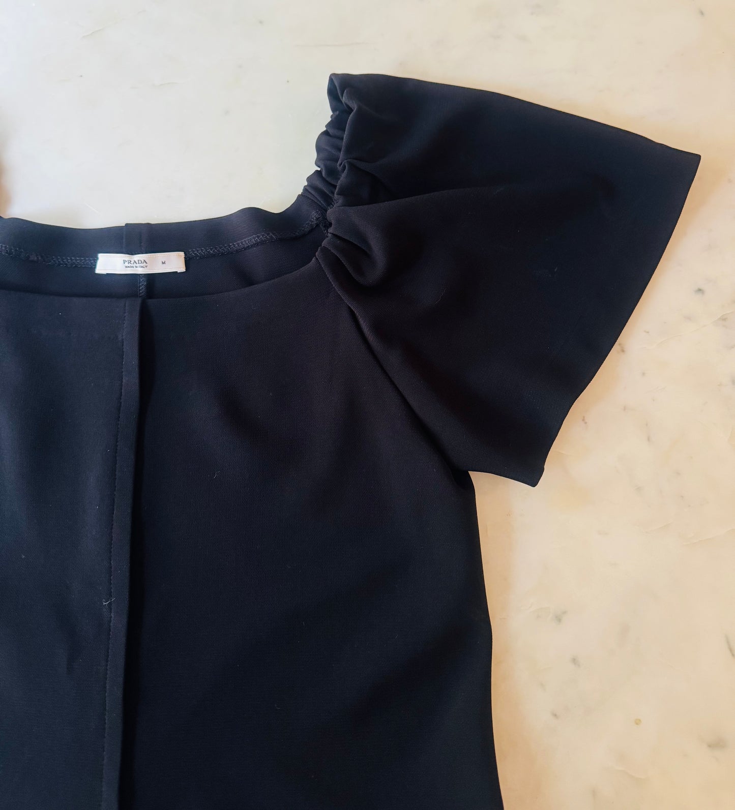 Prada Black Flutter Ruffle Sleeve Shift Dress