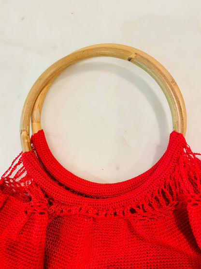 Vintage Crochet Purse with Bamboo Handle