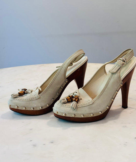Vintage Gucci Beige Suede Bamboo Tassel Loafer Slingback Heels