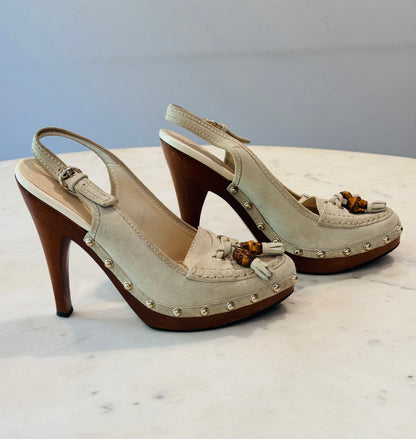 Vintage Gucci Beige Suede Bamboo Tassel Loafer Slingback Heels