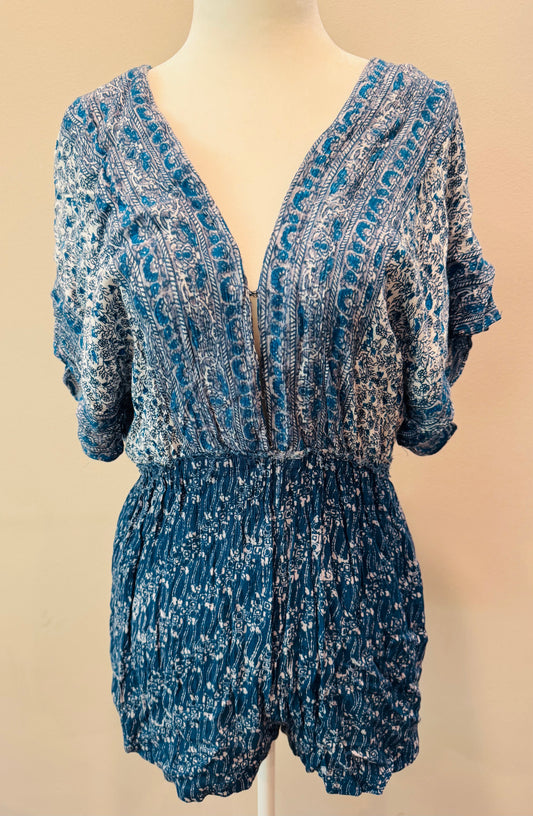 Free People Blue Printed Arizona Short Sleeve Romper