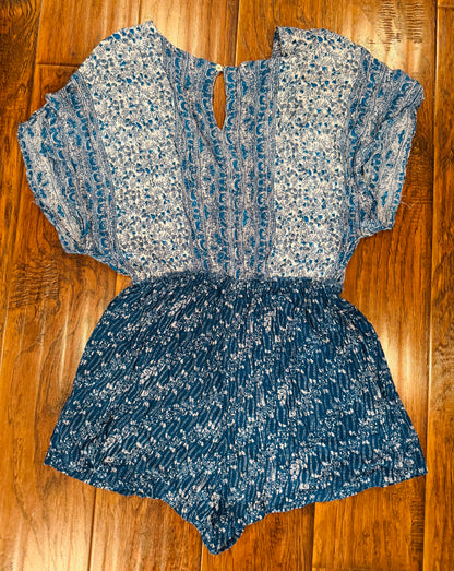Free People Blue Printed Arizona Short Sleeve Romper