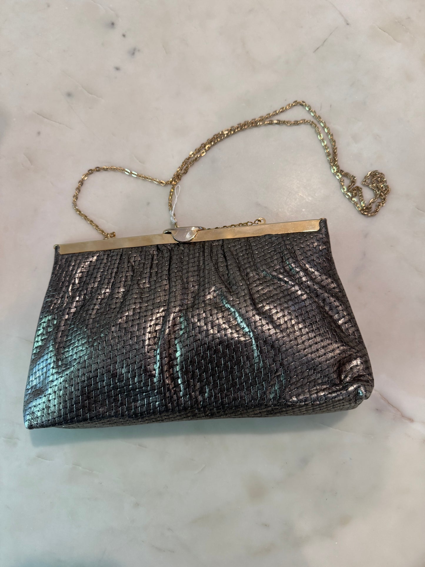 Vintage Etra Gold Leather Clutch: 1970s Metallic Woven Evening Bag