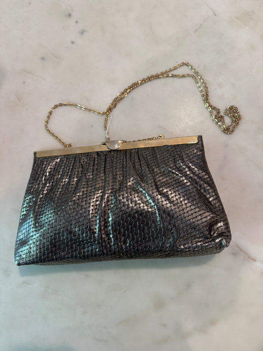 Vintage Etra Gold Leather Clutch: 1970s Metallic Woven Evening Bag