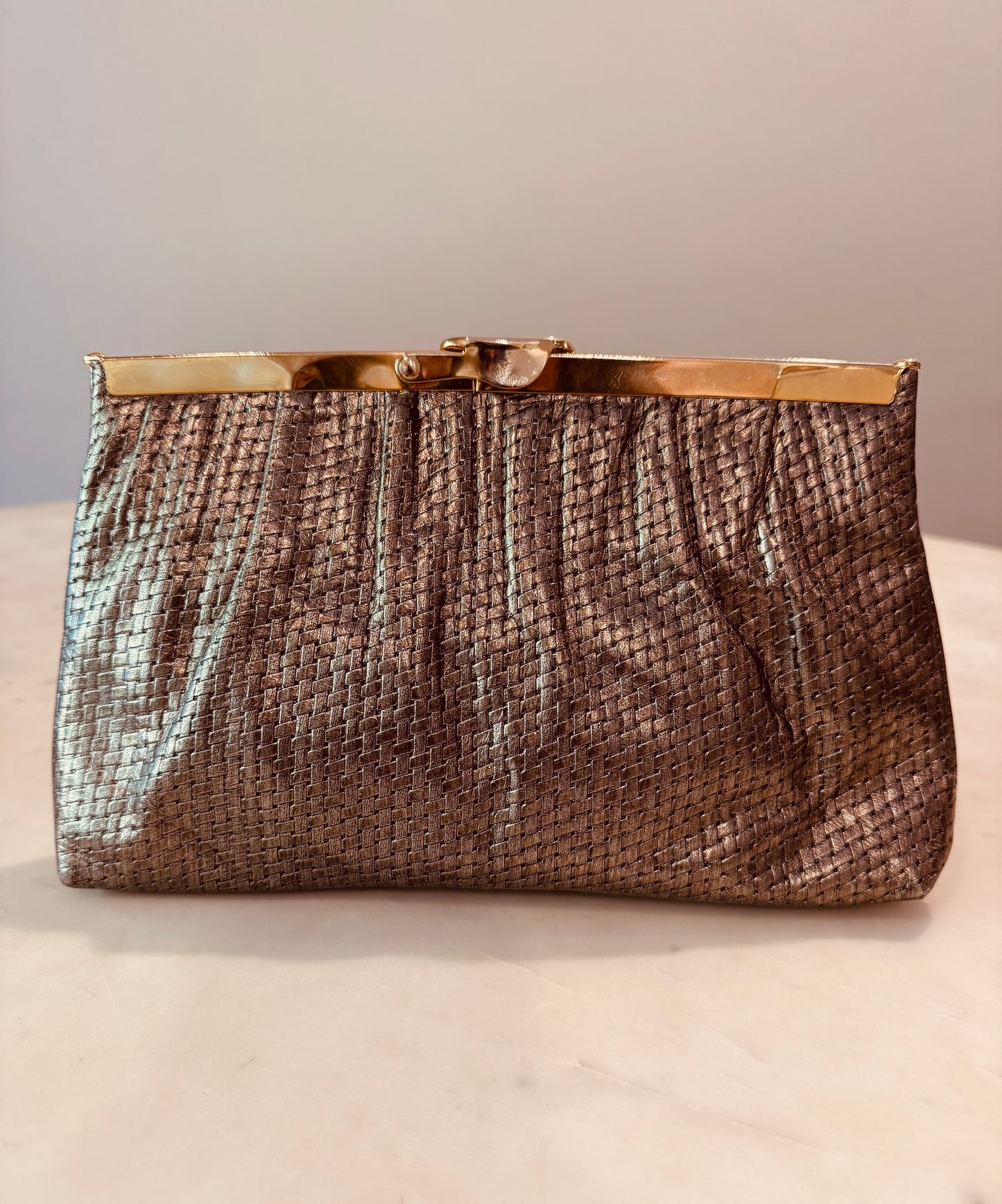 Vintage Etra Gold Leather Clutch: 1970s Metallic Woven Evening Bag