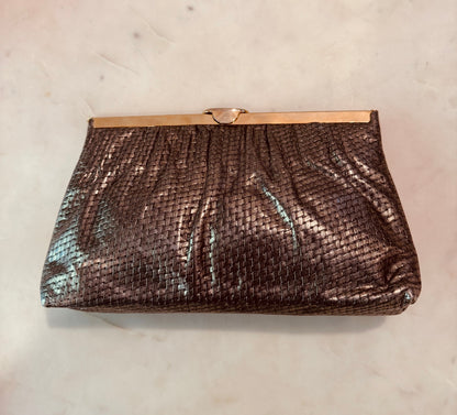 Vintage Etra Gold Leather Clutch: 1970s Metallic Woven Evening Bag