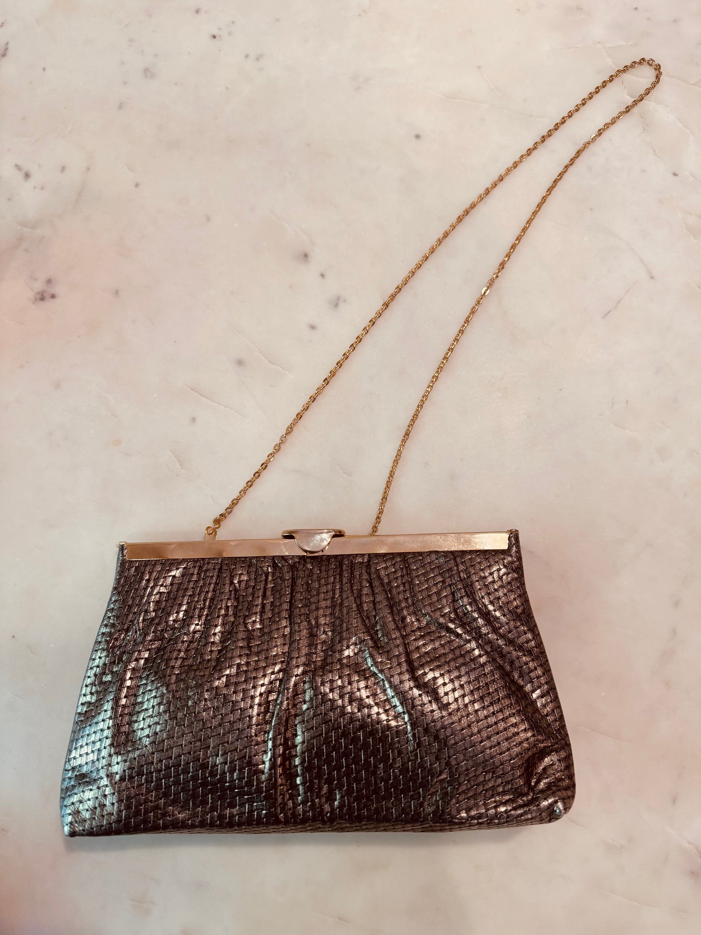 Vintage Etra Gold Leather Clutch: 1970s Metallic Woven Evening Bag
