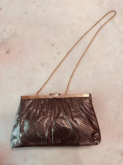 Vintage Etra Gold Leather Clutch: 1970s Metallic Woven Evening Bag