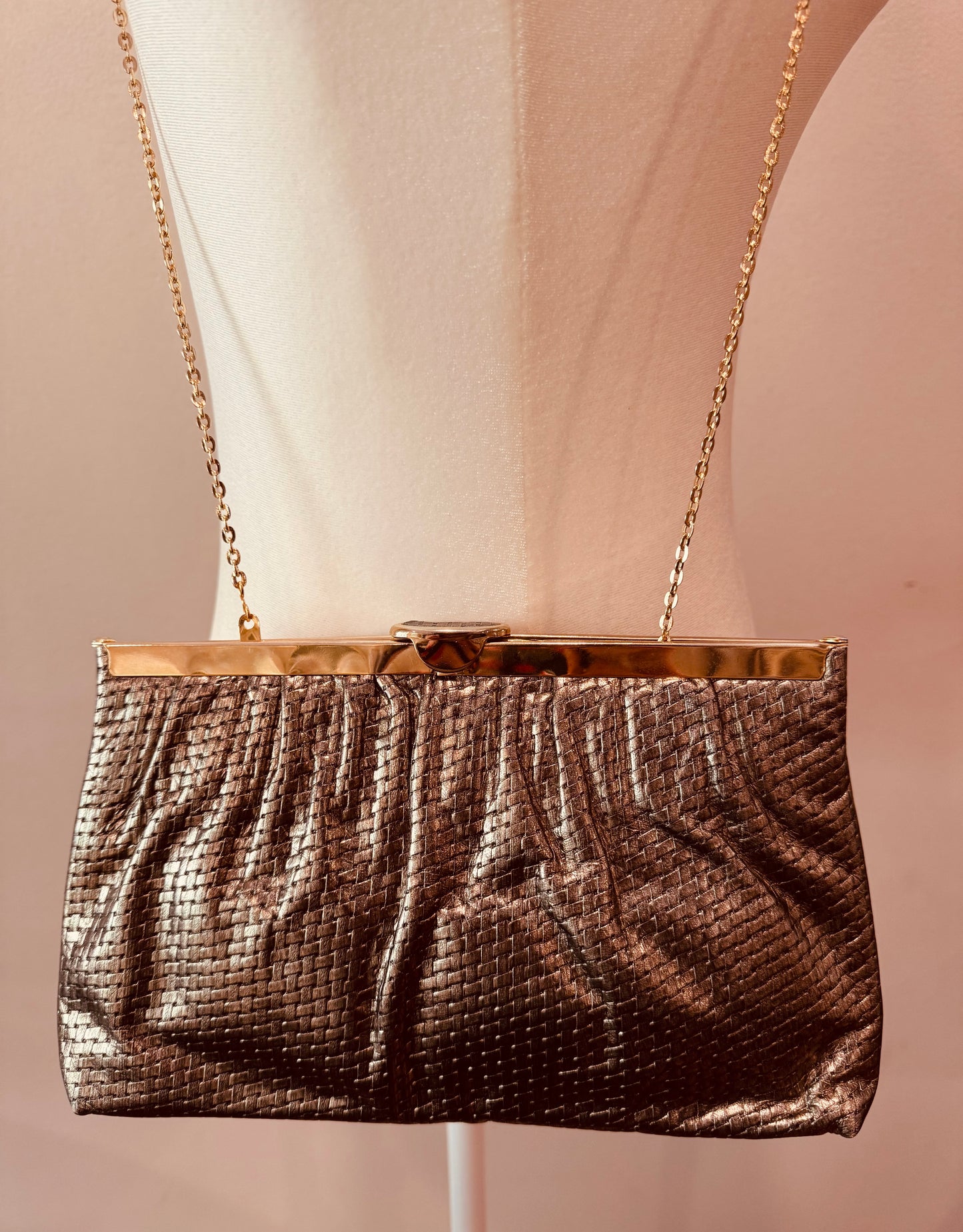 Vintage Etra Gold Leather Clutch: 1970s Metallic Woven Evening Bag