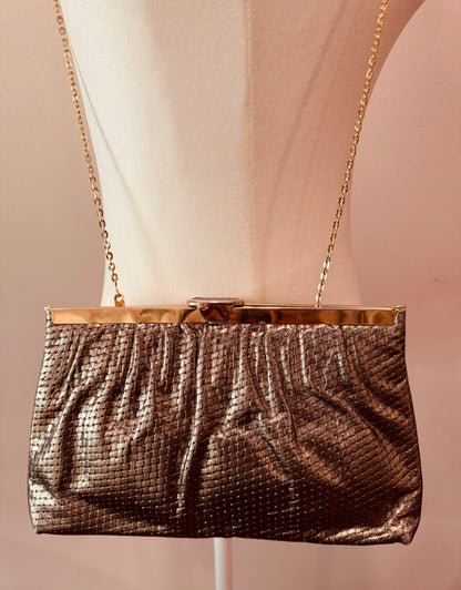Vintage Etra Gold Leather Clutch: 1970s Metallic Woven Evening Bag