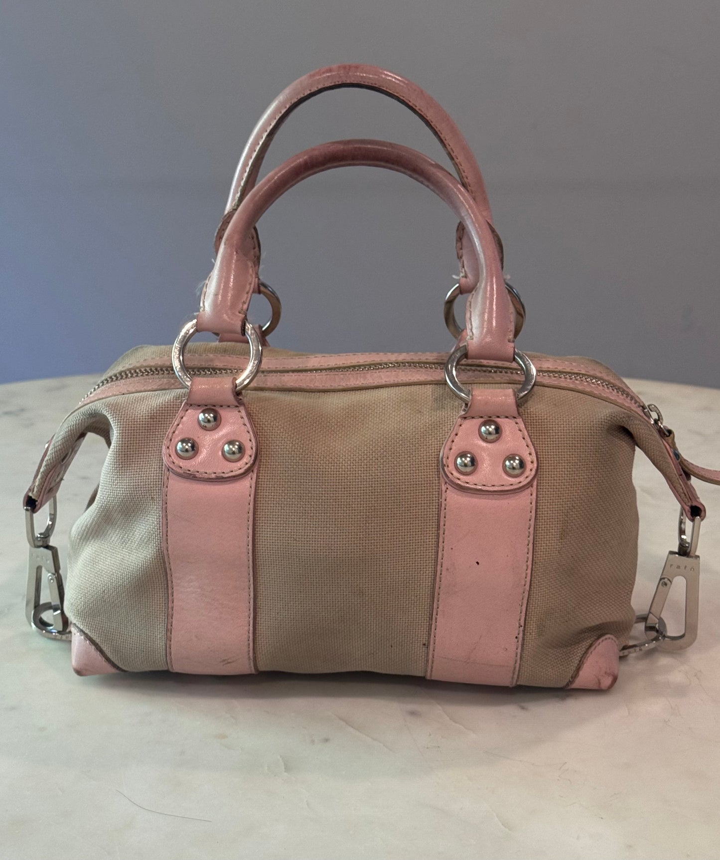 Vintage Rafe New York Vintage Canvas & Pink Leather Satchel Handbag