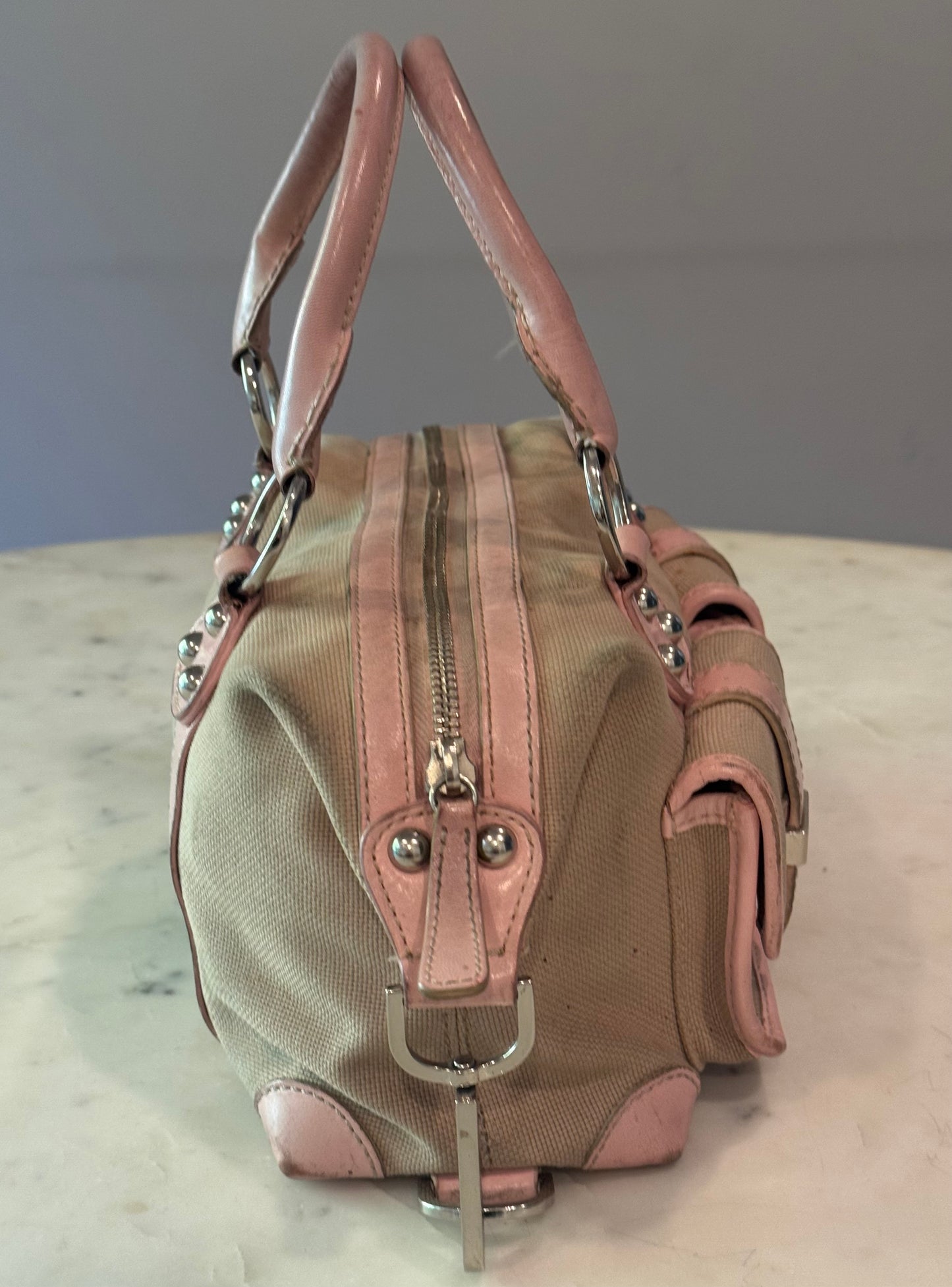 Vintage Rafe New York Vintage Canvas & Pink Leather Satchel Handbag