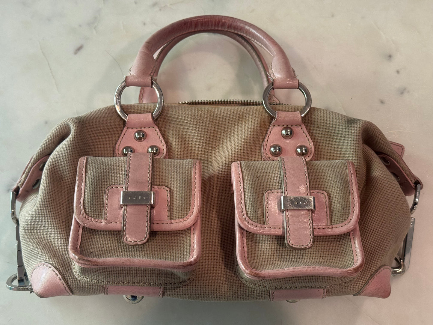 Vintage Rafe New York Vintage Canvas & Pink Leather Satchel Handbag