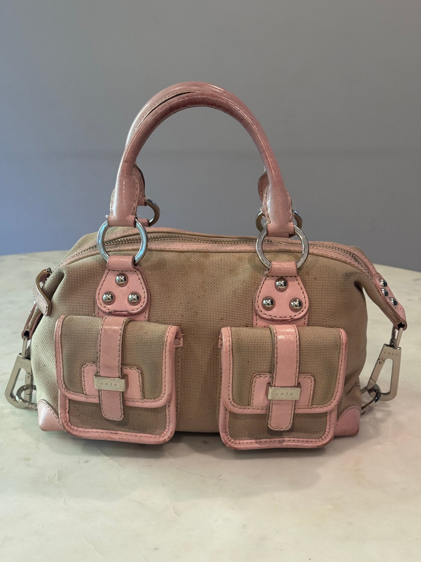 Vintage Rafe New York Vintage Canvas & Pink Leather Satchel Handbag
